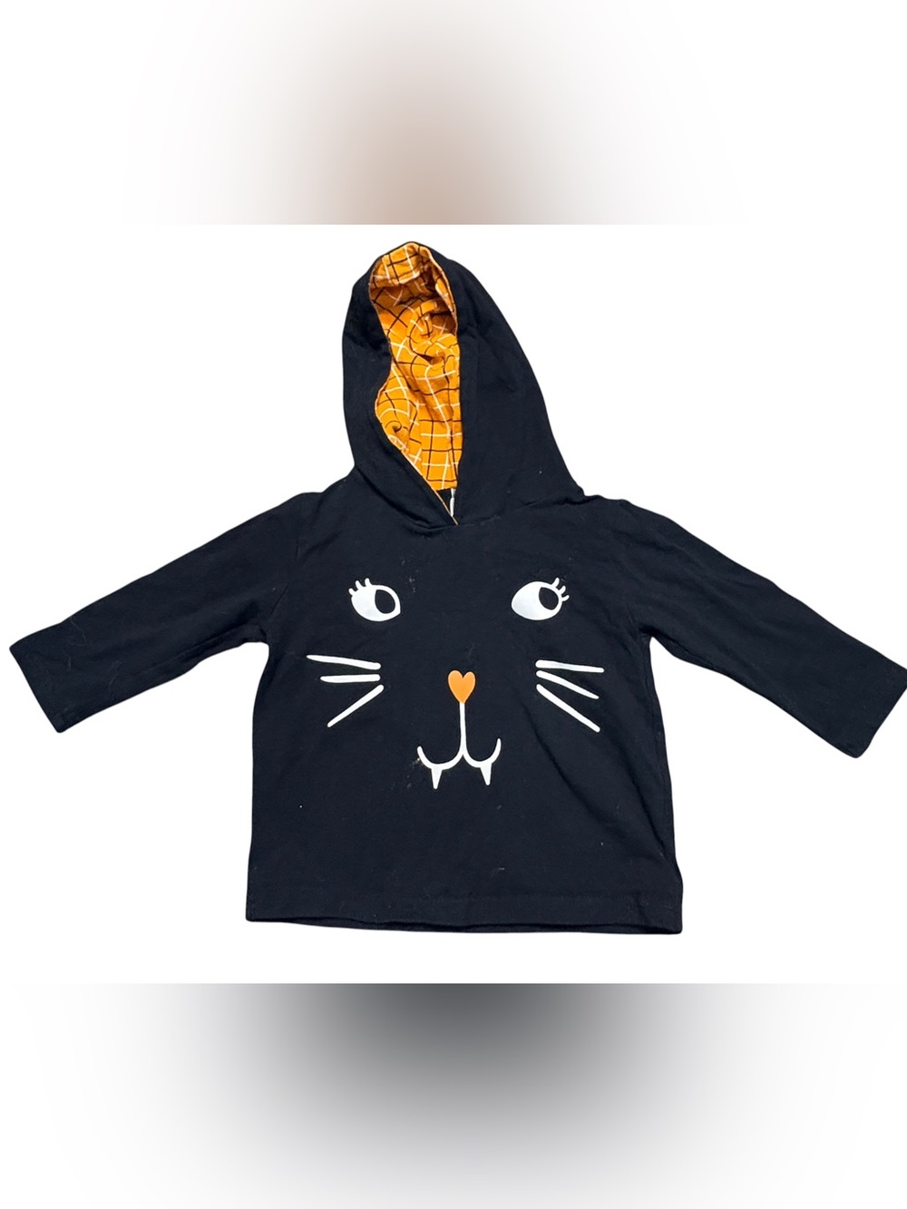 Toddler 2T Black Cat Hooded Shirt Orange Plaid Lined Unisex with